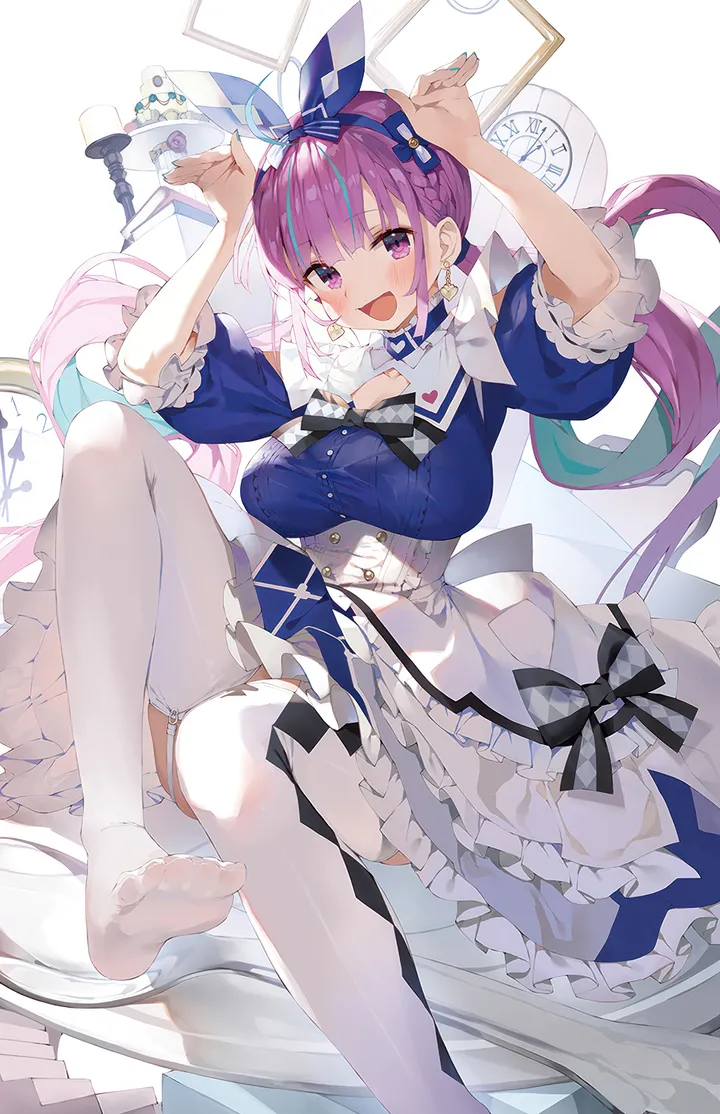 1girl,virtual_youtuber,foot_out_of_frame,ribbon,arms_up,breasts,bunny_pose,colored_inner_hair,bangs,solo,two-tone_hair,twin_drills,twintails,hairband,garter_straps,ahoge,apron,sitting,multicolored_hair,bow_hairband,open_mouth,very_long_hair,heart,heart_earrings,nail_polish,streaked_hair,clock,no_shoes,jewelry,white_thighhighs,looking_at_viewer,short_sleeves,vertical,smile,pink_hair,purple_hair,purple_eyes,earrings,feet,soles,blush,frills,frilled_dress,blue_hairband,blue_hair,blue_nails,blue_dress,puffy_short_sleeves,puffy_sleeves,cake,bow,large_breasts,thighhighs,dress,drill_hair,long_hair,food