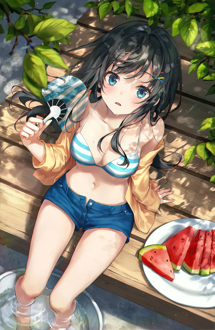 1girl,x_hair_ornament,dappled_sunlight,medium_breasts,breasts,cleavage,bikini_top_only,looking_up,from_above,bangs,solo,hairclip,leaf,uchiwa,sitting,thighs,hair_ornament,jacket,stomach,open_mouth,parted_lips,outdoors,hand_fan,arm_support,holding_fan,holding,striped,striped_bikini,bikini,bikini_under_clothes,water,fruit,open_fly,soaking_feet,swimsuit,denim,denim_shorts,day,plate,looking_at_viewer,shorts,vertical,short_shorts,paper_fan,navel,blush,blue_bikini,blue_eyes,blue_shorts,shirt,watermelon,open_jacket,open_clothes,collarbone,long_hair,long_sleeves,sunlight,bare_shoulders,off_shoulder,food,yellow_jacket,black_hair