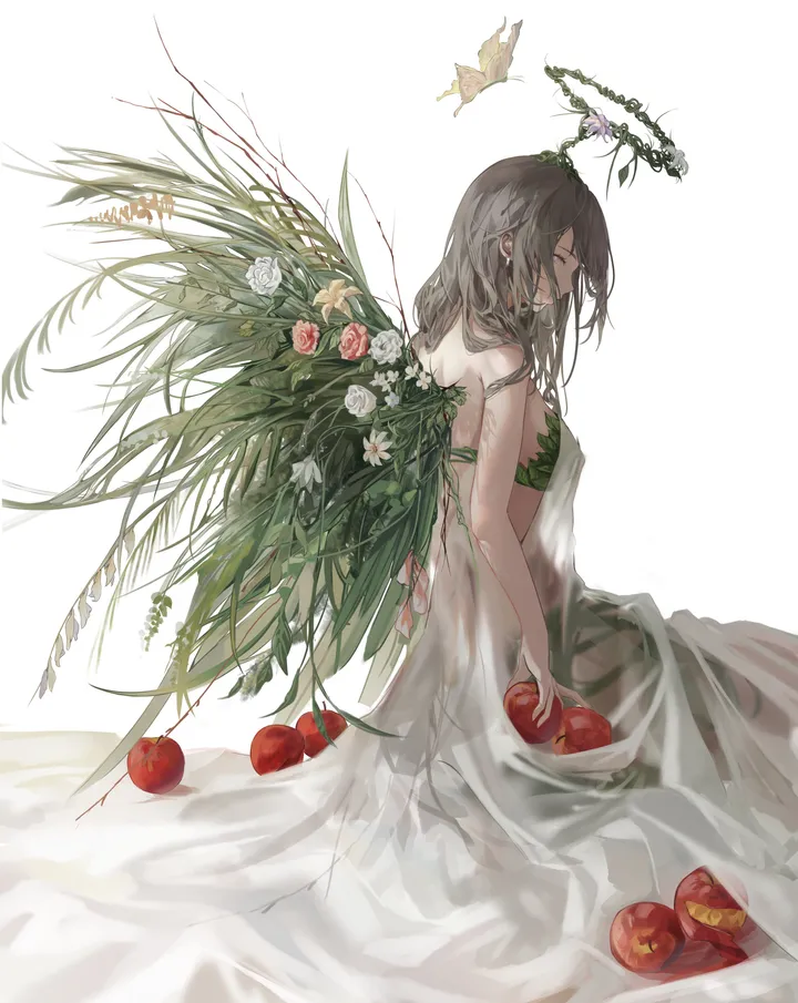 1girl,breasts,see-through,solo,closed_eyes,leaf,sitting,halo,simple_background,brown_hair,fruit,rose,white_rose,white_background,white_flower,white_dress,vertical,wings,apple,bug,butterfly,dress,long_hair,bare_shoulders,food,flower