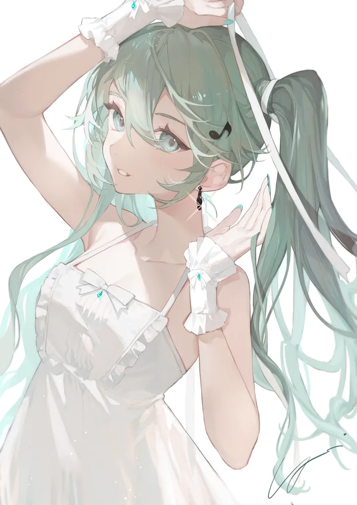 1girl,ribbon,arm_up,breasts,cleavage,upper_body,bangs,solo,twintails,hair_ribbon,hair_ornament,hair_between_eyes,very_long_hair,parted_lips,nail_polish,sleeveless,sleeveless_dress,simple_background,aqua_hair,aqua_eyes,jewelry,white_ribbon,white_background,white_dress,looking_at_viewer,vertical,smile,signature,wrist_cuffs,earrings,blush,frills,dress,collarbone,long_hair,bare_shoulders