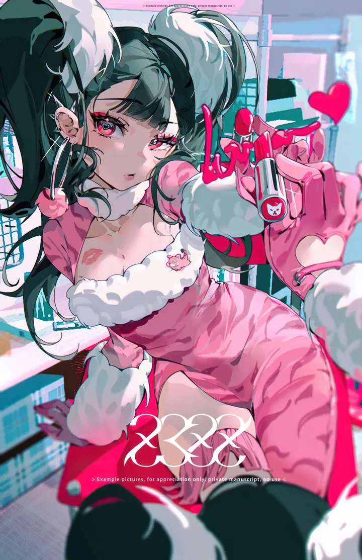 1girl,breasts,cleavage,bangs,solo_focus,twintails,lipstick_mark,makeup,heart,gloves,fur_trim,jewelry,looking_at_viewer,eyeshadow,piercing,vertical,pink_gloves,pink_eyes,pink_bodysuit,red_eyes,earrings,dress,long_hair,black_hair