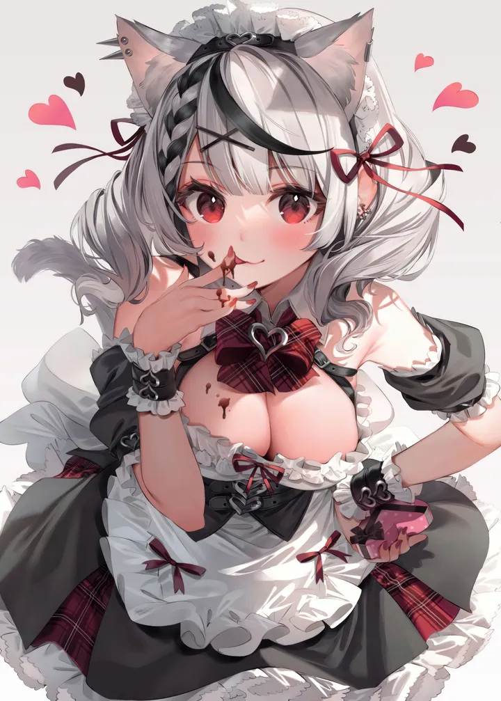 1girl,virtual_youtuber,x_hair_ornament,braid,detached_sleeves,ribbon,medium_hair,breasts,cleavage,animal_ears,bangs,solo,hand_on_hip,tongue_out,closed_mouth,apron,multicolored_hair,hair_ribbon,hair_ornament,maid,maid_headdress,tail,chocolate,heart,heart-shaped_box,valentine,holding,nail_polish,streaked_hair,simple_background,plaid,plaid_bow,grey_hair,cat_girl,cat_tail,cat_ears,white_apron,white_background,looking_at_viewer,short_sleeves,skirt,piercing,ear_piercing,vertical,smile,wrist_cuffs,red_ribbon,red_nails,red_eyes,red_bow,red_bowtie,animal_ear_fluff,blush,tongue,frills,frilled_apron,bow,extra_ears,large_breasts,dress,bare_shoulders,bowtie,detached_collar,black_hair