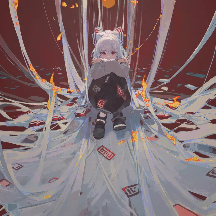 1girl,crossed_arms,full_body,bangs,solo,two-tone_bow,closed_mouth,sitting,baggy_pants,very_long_hair,knees_up,fire,grey_shirt,white_hair,white_bow,white_shirt,looking_at_viewer,ofuda,vertical,footwear_bow,red_eyes,red_bow,red_pants,bow,hair_bow,ofuda_on_clothes,shirt,pants,absurdly_long_hair,long_hair,long_sleeves,boots,shoes,black_footwear