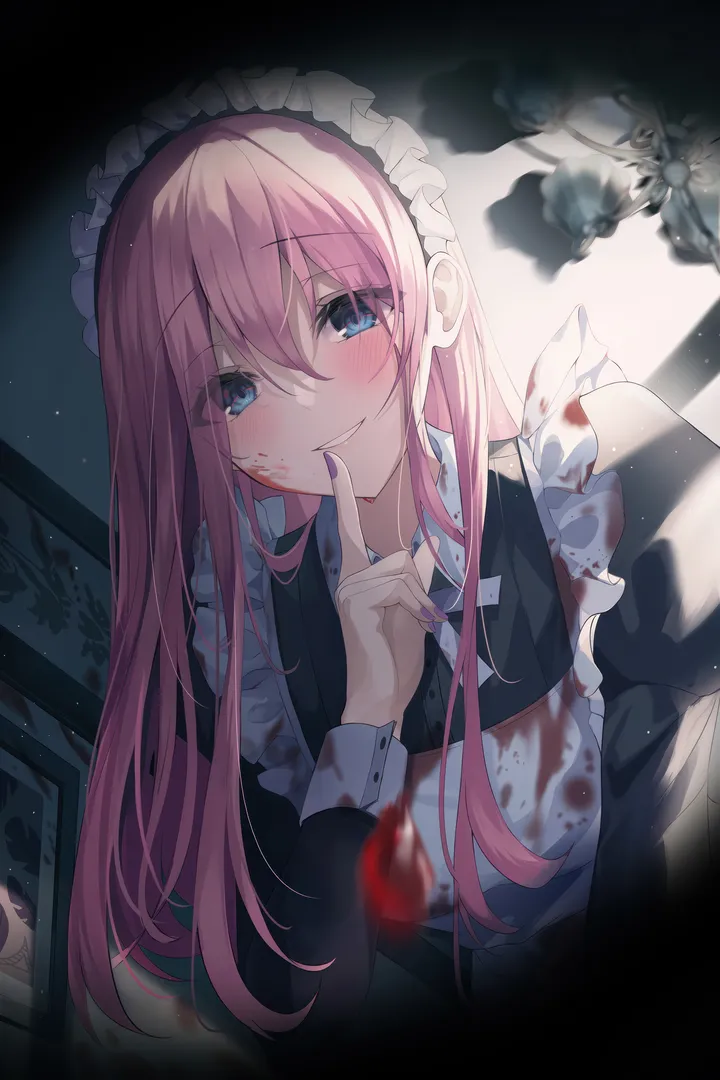 1girl,upper_body,bangs,solo,shushing,apron,maid,maid_apron,maid_headdress,indoors,hair_between_eyes,finger_to_mouth,index_finger_raised,nail_polish,white_apron,looking_at_viewer,vertical,smile,pink_hair,blood_on_face,blush,frills,frilled_apron,blue_eyes,puffy_sleeves,blood,blood_on_clothes,dress,long_hair,long_sleeves,black_dress