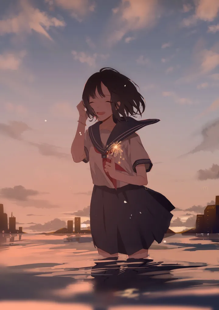 1girl,neckerchief,cloud,solo,closed_eyes,sky,open_mouth,outdoors,sparkler,sunset,school_uniform,water,serafuku,sailor_collar,wading,fireworks,pleated_skirt,short_sleeves,skirt,vertical,standing,smile,red_neckerchief,scenery,black_hair