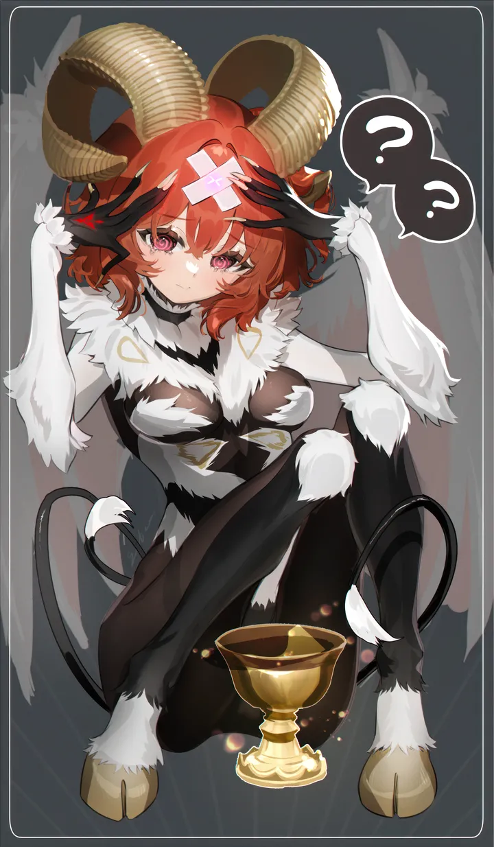 1girl,medium_breasts,medium_hair,breasts,full_body,bangs,solo,closed_mouth,sitting,tail,goat_horns,hair_between_eyes,curled_horns,demon_girl,orange_hair,fur,white_fur,looking_at_viewer,vertical,red_hair,red_eyes,wings,blush,spoken_question_mark,horns,hooves,choker