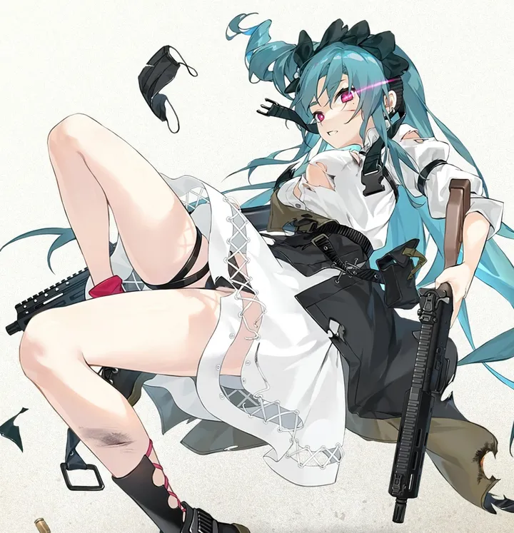 1girl,medium_breasts,breasts,underwear,panties,solo,closed_mouth,bullet,shell_casing,holding_weapon,holding_gun,holding,gun,rifle,weapon,aqua_hair,white_background,white_dress,torn_clothes,assault_rifle,vertical,pink_eyes,blue_hair,shirt,socks,torn_dress,dress,long_hair,mask,black_panties