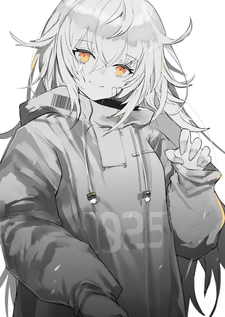 1girl,upper_body,hood,messy_hair,bangs,bandaid,solo,monochrome,closed_mouth,spot_color,hair_between_eyes,simple_background,barcode,orange_eyes,white_background,looking_at_viewer,vertical,smile,bandaid_on_face,hoodie,long_hair,long_sleeves,greyscale