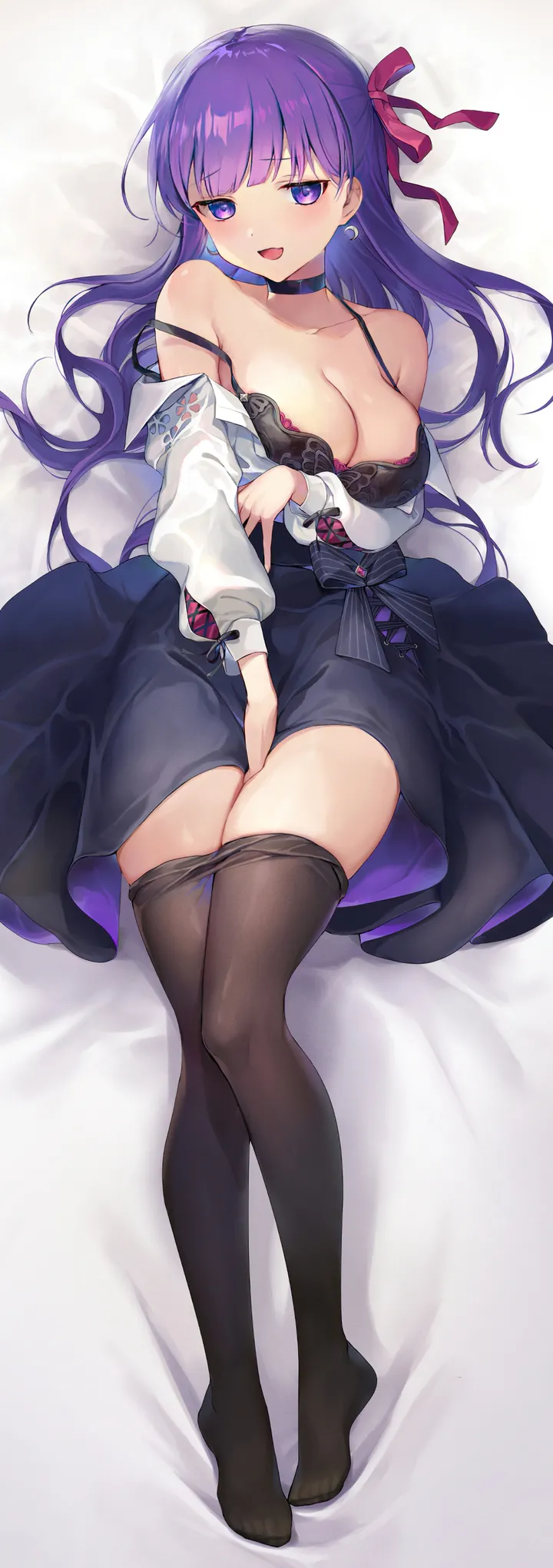 1girl,clothes_pull,ribbon,breasts,cleavage,full_body,underwear,bangs,solo,thighs,hair_ribbon,open_mouth,no_shoes,jewelry,white_shirt,looking_at_viewer,skirt,vertical,smile,dakimakura_medium,purple_hair,purple_eyes,red_ribbon,earrings,bra,blush,shirt,pantyhose_pull,lying,large_breasts,pantyhose,collarbone,long_hair,long_sleeves,bare_shoulders,off_shoulder,choker,high-waist_skirt,black_skirt,black_bra,black_pantyhose