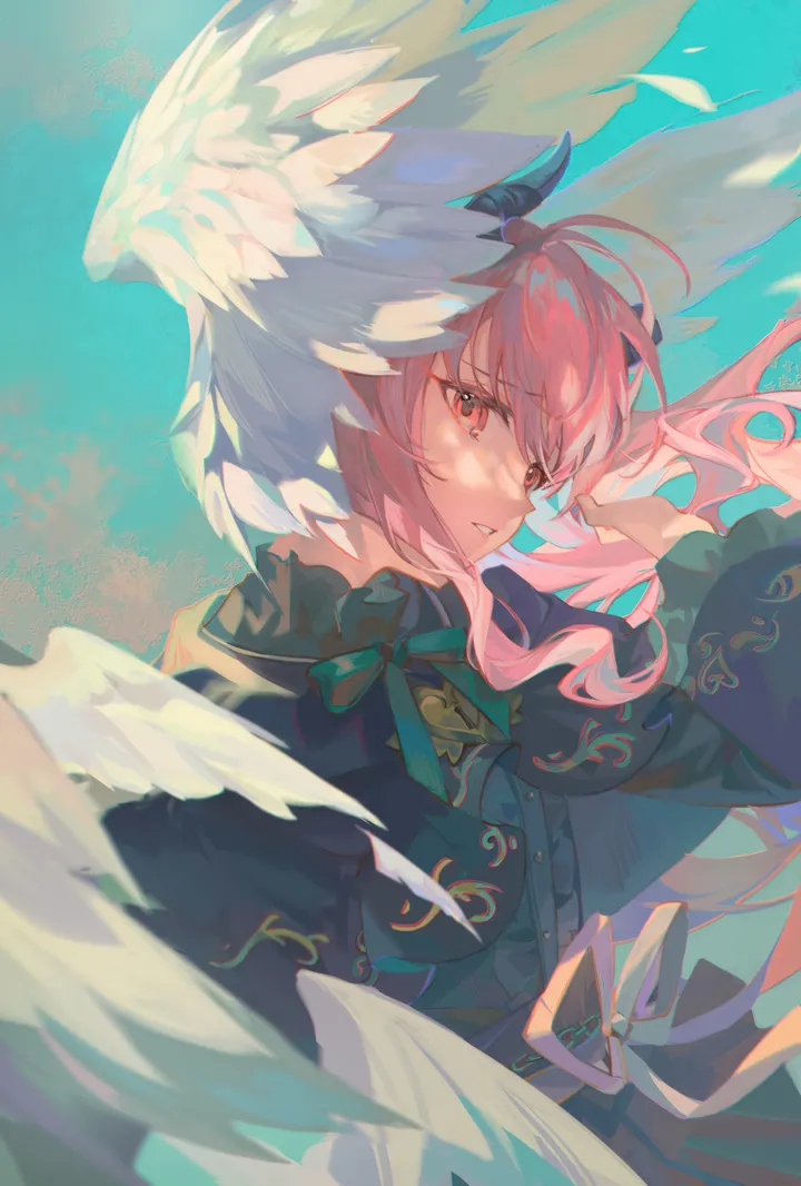 1girl,virtual_youtuber,ribbon,upper_body,bangs,solo,head_wings,parted_lips,hand_up,white_wings,looking_at_viewer,vertical,pink_hair,pink_eyes,red_eyes,feathers,feathered_wings,wings,frills,bow,horns,dress,long_hair,long_sleeves,neck_ribbon,floating_hair,black_dress