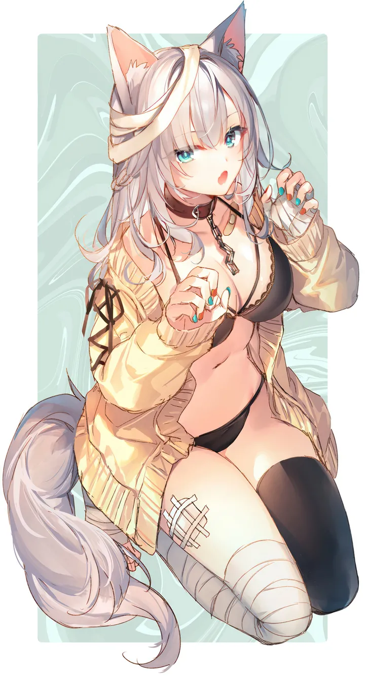 1girl,breasts,cleavage,animal_ears,underwear,panties,bangs,solo,single_thighhigh,hands_up,claw_pose,thighs,jacket,stomach,tail,open_cardigan,cardigan,open_mouth,nail_polish,string_bra,aqua_nails,aqua_eyes,fox_girl,fox_tail,fox_ears,looking_at_viewer,vertical,bandaged_leg,bandages,bandaged_arm,animal_ear_fluff,navel,bra,blue_nails,blue_eyes,fang,open_jacket,open_clothes,kneeling,large_breasts,thighhighs,chain,collarbone,long_hair,long_sleeves,bare_shoulders,off_shoulder,collar,yellow_jacket,black_panties,black_bikini,black_bra,black_thighhighs