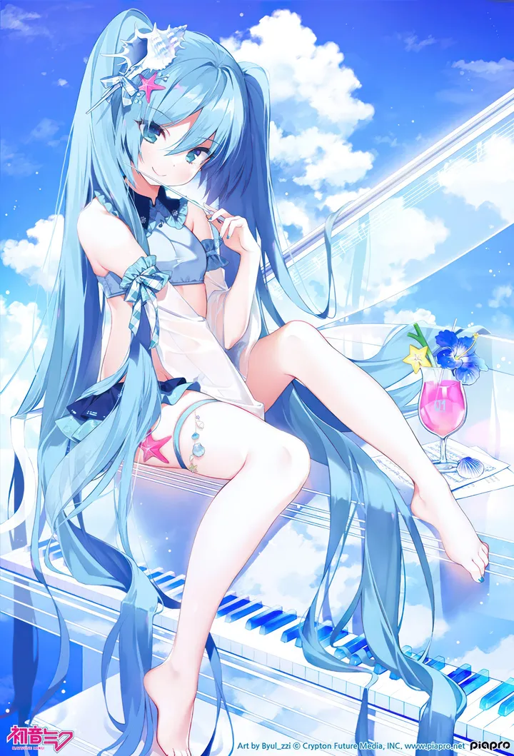 1girl,grand_piano,detached_sleeves,between_legs,instrument,cloud,full_body,solo,twintails,sitting,sky,hair_ornament,hair_between_eyes,very_long_hair,hand_between_legs,nail_polish,star_hair_ornament,toenail_polish,day,looking_at_viewer,skirt,vertical,smile,feet,toenails,blue_hair,blue_nails,blue_eyes,blue_skirt,barefoot,piano,long_hair,food,flower