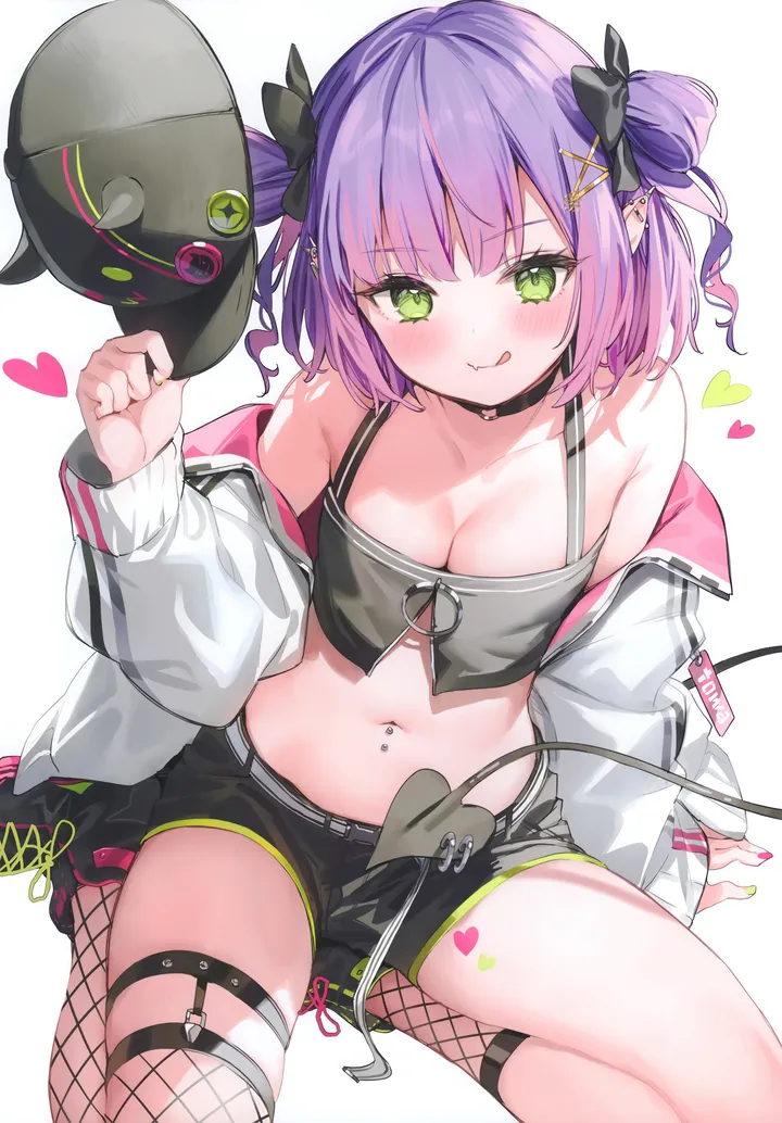 1girl,virtual_youtuber,asymmetrical_legwear,medium_breasts,breasts,cleavage,bangs,solo,single_thighhigh,hairclip,legwear_garter,tongue_out,closed_mouth,sitting,multicolored_hair,thighs,thigh_strap,hair_ornament,sidelocks,jacket,pointy_ears,two_side_up,stomach,tail,tail_ornament,o-ring,hat,heart,demon_tail,holding_hat,holding,holding_clothes,nail_polish,streaked_hair,headwear_removed,hat_removed,simple_background,baseball_cap,fishnets,white_jacket,white_background,looking_at_viewer,short_hair,shorts,tail_piercing,piercing,ear_piercing,vertical,smile,pink_hair,short_shorts,purple_hair,green_eyes,navel,navel_piercing,blush,tongue,thighhighs,collarbone,long_sleeves,midriff,bare_shoulders,off_shoulder,crop_top,shoes,choker,fishnet_thighhighs,black_headwear,black_shorts,black_footwear,black_choker