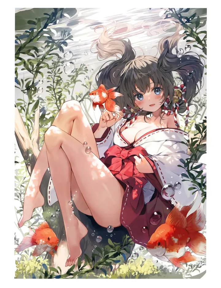 1girl,ribbon_trim,ribbon-trimmed_sleeves,medium_breasts,breasts,cleavage,full_body,bangs,animal,solo,twintails,leaf,kimono,thighs,wide_sleeves,ass,miko,open_mouth,holding,japanese_clothes,air_bubble,water,underwater,bubble,jingle_bell,white_kimono,looking_at_viewer,skirt,vertical,smile,red_hakama,feet,blush,blue_eyes,submerged,hakama,hakama_skirt,bare_legs,barefoot,large_breasts,bell,collarbone,long_hair,long_sleeves,bare_shoulders,off_shoulder,floating_hair,fish,black_hair