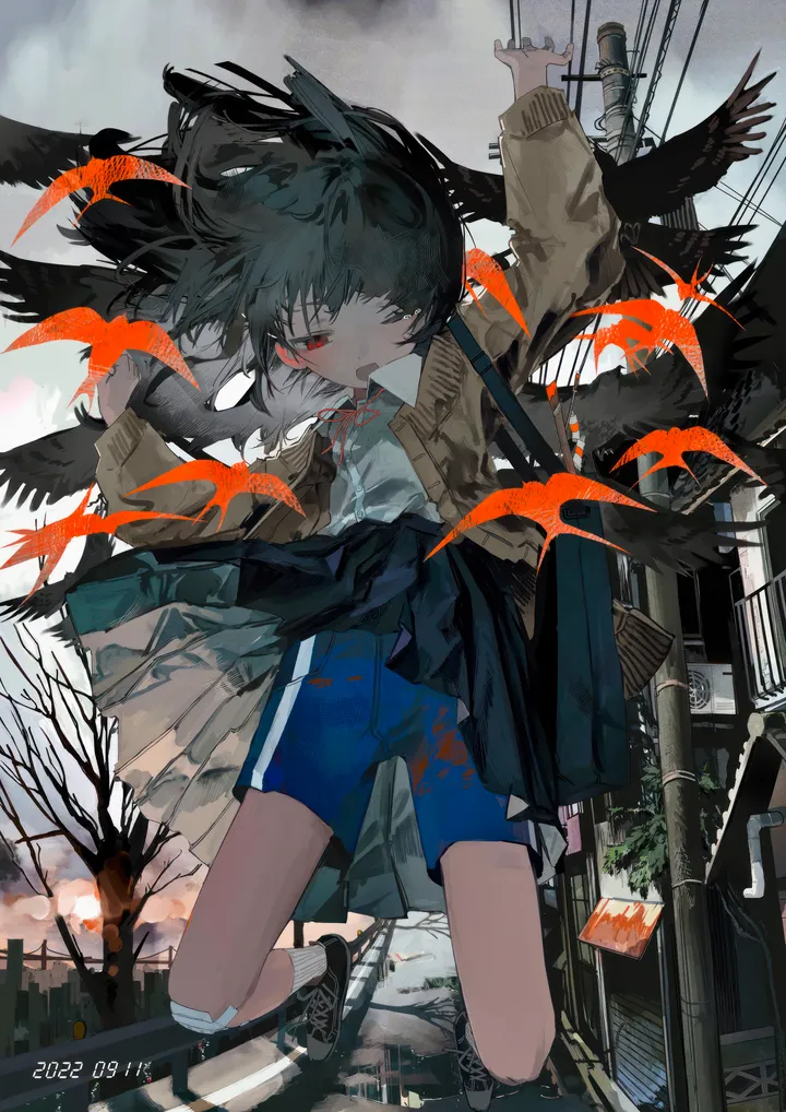 1girl,ribbon,arm_up,crow,cloud,bangs,bandaid,animal,bag,solo,cloudy_sky,sky,shorts_under_skirt,building,cardigan,open_mouth,outdoors,collared_shirt,tree,school_uniform,grey_sky,utility_pole,power_lines,white_shirt,pleated_skirt,skirt,shorts,vertical,red_ribbon,red_eyes,bandaid_on_leg,blue_shorts,shirt,socks,open_clothes,sneakers,long_hair,long_sleeves,one_eye_closed,shoes,neck_ribbon,wind,bird,black_hair,black_skirt,black_footwear