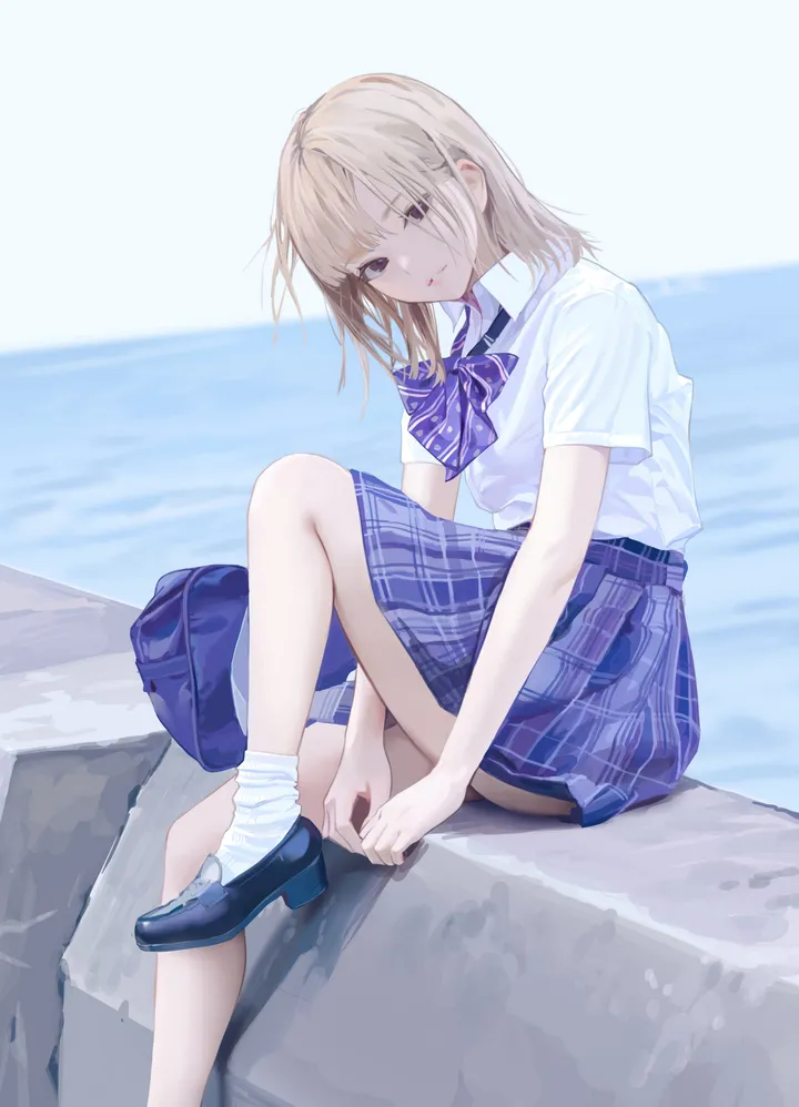 1girl,medium_hair,loafers,school_bag,bangs,bag,solo,knee_up,sitting,outdoors,collared_shirt,school_uniform,plaid,plaid_skirt,water,light_brown_hair,ocean,white_shirt,white_socks,pleated_skirt,looking_at_viewer,short_sleeves,skirt,vertical,purple_eyes,purple_bow,blue_skirt,bow,shirt,shirt_tucked_in,socks,blonde_hair,shoes,bowtie,black_footwear