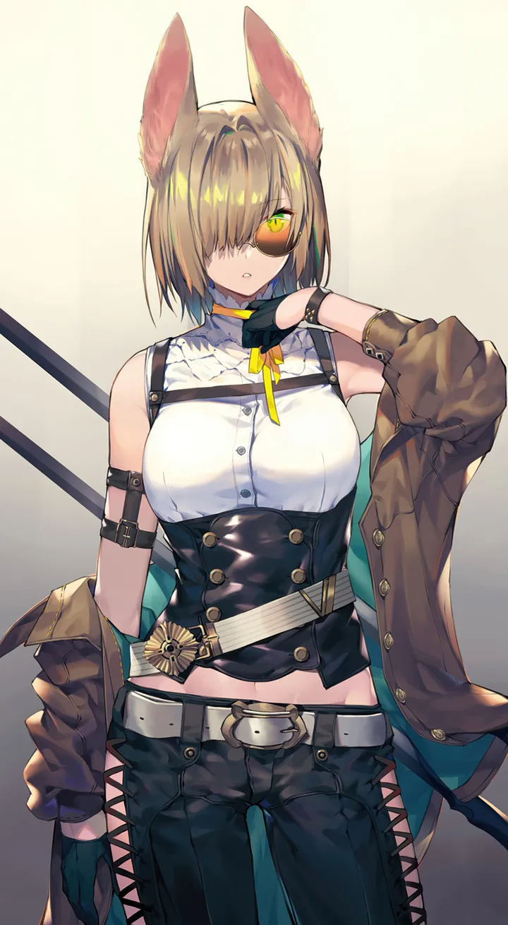 1girl,cowboy_shot,medium_breasts,breasts,animal_ears,bangs,half_gloves,solo,round_eyewear,sunglasses,multicolored_hair,hair_over_one_eye,jacket,parted_lips,gloves,sleeveless,sleeveless_shirt,tinted_eyewear,hip_vent,brown_hair,brown_jacket,weapon,gradient,gradient_background,white_shirt,belt,looking_at_viewer,short_hair,vertical,green_eyes,shirt,pants,open_clothes,bare_shoulders,off_shoulder,yellow_eyes,black_gloves,black_pants