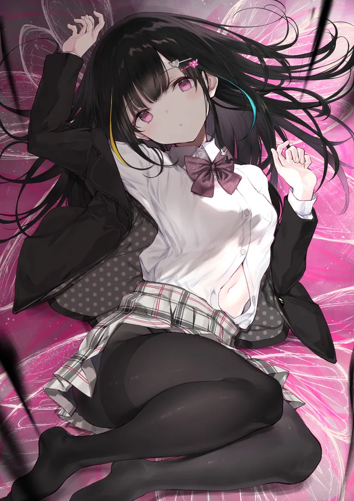 1girl,arm_up,breasts,on_back,bangs,solo,hairclip,multicolored_hair,hair_ornament,jacket,parted_lips,streaked_hair,collared_shirt,school_uniform,plaid,plaid_skirt,no_shoes,grey_skirt,white_shirt,pleated_skirt,looking_at_viewer,skirt,vertical,pink_eyes,navel,blush,bow,shirt,thighband_pantyhose,blazer,open_jacket,open_clothes,lying,pantyhose,miniskirt,long_hair,long_sleeves,bowtie,black_hair,black_jacket,black_pantyhose