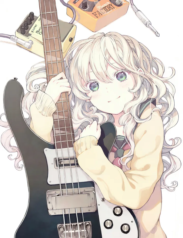 1girl,neckerchief,instrument,upper_body,bangs,solo,guitar,closed_mouth,cardigan,simple_background,school_uniform,sweater,serafuku,wavy_hair,electric_guitar,white_hair,white_background,looking_at_viewer,vertical,smile,cable,green_eyes,blush,lying,blonde_hair,long_hair,long_sleeves