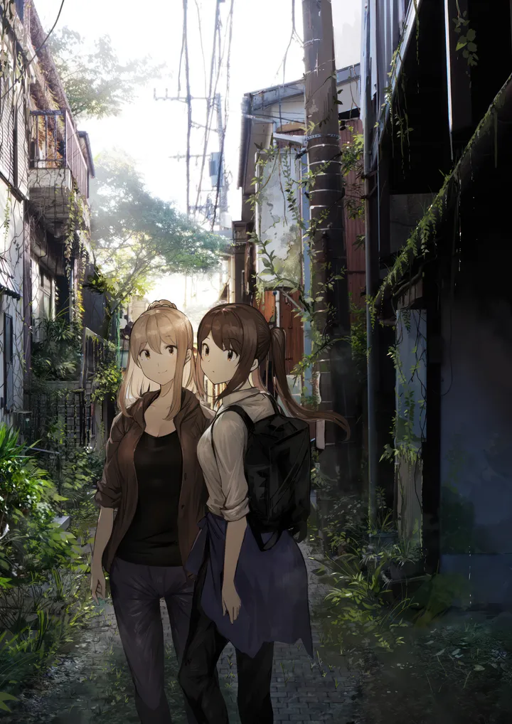 2girls,hood,bangs,bag,backpack,twintails,closed_mouth,looking_back,multiple_girls,sidelocks,jacket,ruins,building,outdoors,overgrown,brown_hair,brown_eyes,plant,denim,jeans,day,white_shirt,looking_at_viewer,vertical,standing,smile,vines,clothes_around_waist,shirt,pants,open_jacket,open_clothes,blonde_hair,collarbone,long_hair,scenery,ponytail,black_shirt