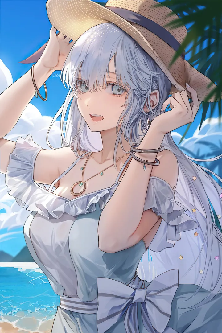 1girl,breasts,cleavage,cloud,bangs,solo,pendant,sky,hat,open_mouth,very_long_hair,outdoors,bracelet,star_symbol,ocean,beach,jewelry,day,white_hair,looking_at_viewer,vertical,smile,blush,straw_hat,blue_sky,blue_eyes,blue_dress,large_breasts,dress,collarbone,long_hair,bare_shoulders,off_shoulder,necklace