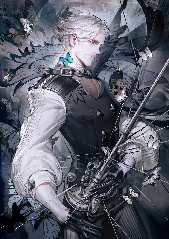 1boy,sword,solo,gloves,holding_weapon,holding,weapon,male_focus,white_hair,looking_at_viewer,vertical,smile,vest,mustache,bug,butterfly,pants,long_sleeves,facial_hair,black_gloves