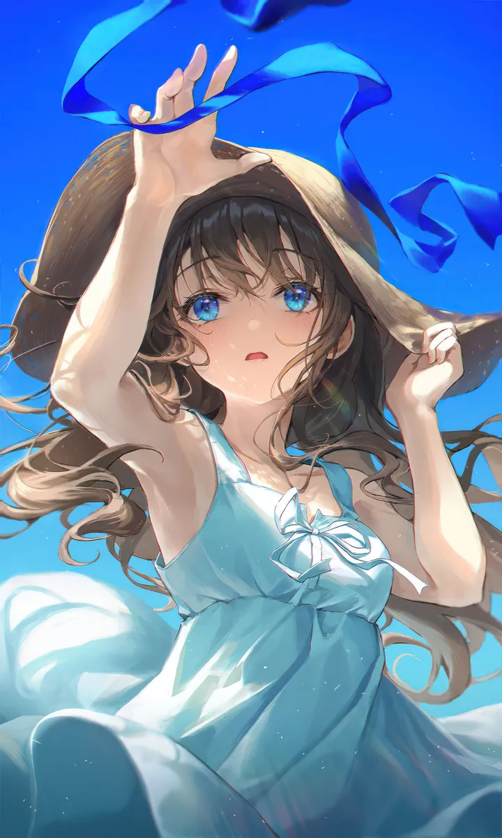 1girl,ribbon,arm_up,breasts,upper_body,bangs,solo,sky,sun_hat,sundress,hat,open_mouth,outdoors,hand_on_headwear,sleeveless,sleeveless_dress,brown_hair,day,white_dress,looking_at_viewer,vertical,blush,armpits,straw_hat,blue_ribbon,blue_sky,blue_eyes,blue_background,blue_dress,bare_arms,dress,collarbone,long_hair,bare_shoulders