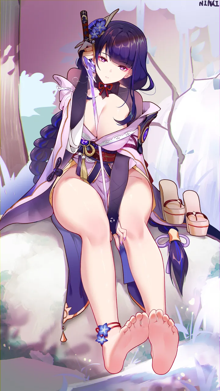 1girl,braid,ribbon,breasts,cleavage,human_scabbard,artist_name,full_body,bangs,sword,solo,legs,kimono,obi,obijime,closed_mouth,sitting,thighs,hair_ornament,between_breasts,bridal_gauntlets,wide_sleeves,very_long_hair,holding_sword,holding_weapon,holding,japanese_clothes,sash,weapon,mole_under_eye,jewelry,mole,looking_at_viewer,vertical,purple_kimono,purple_hair,purple_nails,purple_eyes,purple_flower,feet,soles,toes,anklet,sandals_removed,shoes_removed,bare_legs,barefoot,large_breasts,long_hair,long_sleeves,off_shoulder,flower,braided_ponytail