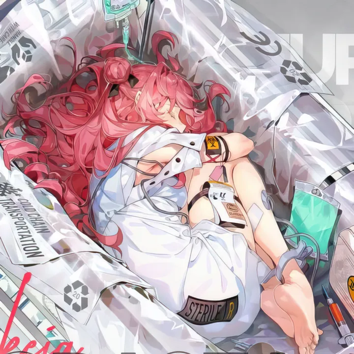 1girl,double_bun,on_side,bangs,solo,closed_eyes,intravenous_drip,hair_bun,syringe,white_dress,sleeping,short_sleeves,vertical,pink_hair,red_hair,feet,soles,toes,armband,barefoot,id_card,lying,dress,long_hair