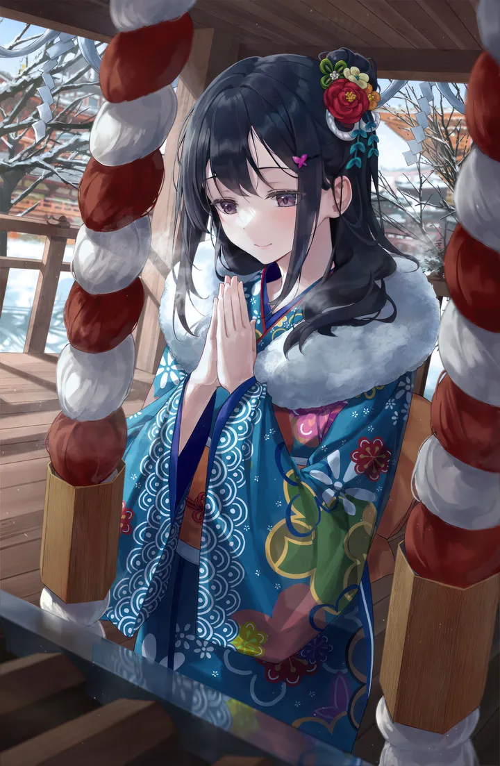 1girl,looking_down,winter,bangs,donation_box,solo,print_kimono,hands_up,own_hands_together,kimono,obi,closed_mouth,hair_bun,hair_flower,hair_ornament,wide_sleeves,heart,heart_hair_ornament,outdoors,furisode,new_year,japanese_clothes,sash,bare_tree,tree,day,praying,shrine,vertical,smile,box,purple_eyes,red_flower,rope,blush,floral_print,blue_kimono,long_hair,long_sleeves,snow,flower,black_hair