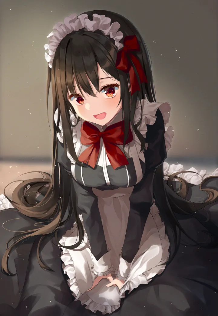 1girl,medium_breasts,breasts,light_particles,bangs,solo,apron,sitting,maid,maid_apron,maid_headdress,hair_between_eyes,open_mouth,very_long_hair,juliet_sleeves,white_apron,looking_at_viewer,vertical,smile,red_eyes,red_bow,red_bowtie,blush,frills,frilled_apron,puffy_sleeves,bow,hair_bow,dress,long_hair,long_sleeves,bowtie,black_hair,black_dress