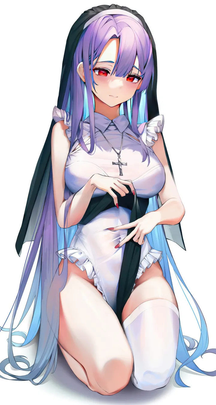 1girl,breasts,nun,habit,full_body,bangs,cross_necklace,cross,solo,single_thighhigh,closed_mouth,sitting,multicolored_hair,thighs,frilled_leotard,very_long_hair,nail_polish,pelvic_curtain,simple_background,seiza,jewelry,white_background,white_thighhighs,white_leotard,looking_at_viewer,vertical,leotard,purple_hair,red_nails,red_eyes,blush,frills,blue_hair,kneeling,large_breasts,thighhighs,long_hair,veil,necklace