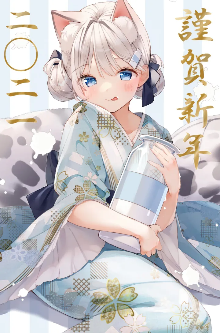 1girl,double_bun,animal_ears,bangs,chinese_zodiac,solo,print_kimono,hairclip,tongue_out,kimono,closed_mouth,hair_bun,sitting,hair_ornament,wide_sleeves,holding,holding_bottle,new_year,japanese_clothes,grey_hair,milk,milk_bottle,cat_ears,bottle,white_background,looking_at_viewer,vertical,smile,animal_ear_fluff,blush,tongue,floral_print,blue_kimono,blue_eyes,bow,hair_bow,long_sleeves,black_bow