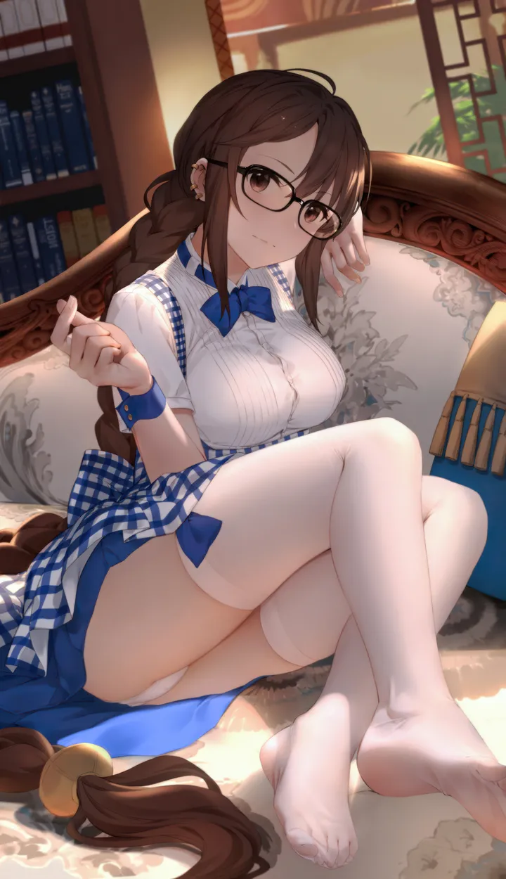 1girl,braid,book,bookshelf,breasts,underwear,panties,bangs,solo,single_braid,legs,closed_mouth,apron,sitting,thighs,indoors,ass,very_long_hair,brown_hair,brown_eyes,no_shoes,jewelry,white_panties,white_shirt,white_thighhighs,looking_at_viewer,glasses,short_sleeves,skirt,multiple_earrings,piercing,alternate_costume,ear_piercing,vertical,wrist_cuffs,earrings,feet,soles,toes,blush,blue_skirt,blue_bow,blue_bowtie,bow,shirt,large_breasts,thighhighs,long_hair,bowtie,braided_ponytail,black-framed_eyewear