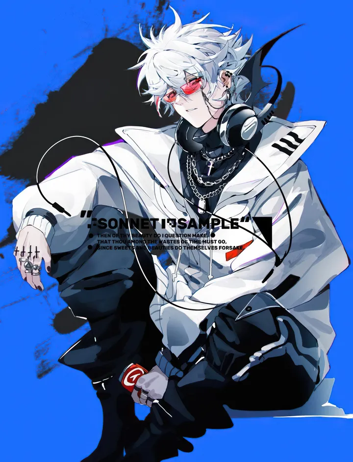 1boy,solo,sitting,sunglasses,multiple_rings,headphones,jacket,parted_lips,ring,thumb_ring,can,tinted_eyewear,jewelry,male_focus,white_hair,white_jacket,looking_at_viewer,short_hair,piercing,ear_piercing,vertical,red_eyes,red-tinted_eyewear,headphones_around_neck,earrings,english_text,blue_background,pants,chain,long_sleeves,boots,necklace,turtleneck,chain_necklace,black_nails,black_pants,black_footwear