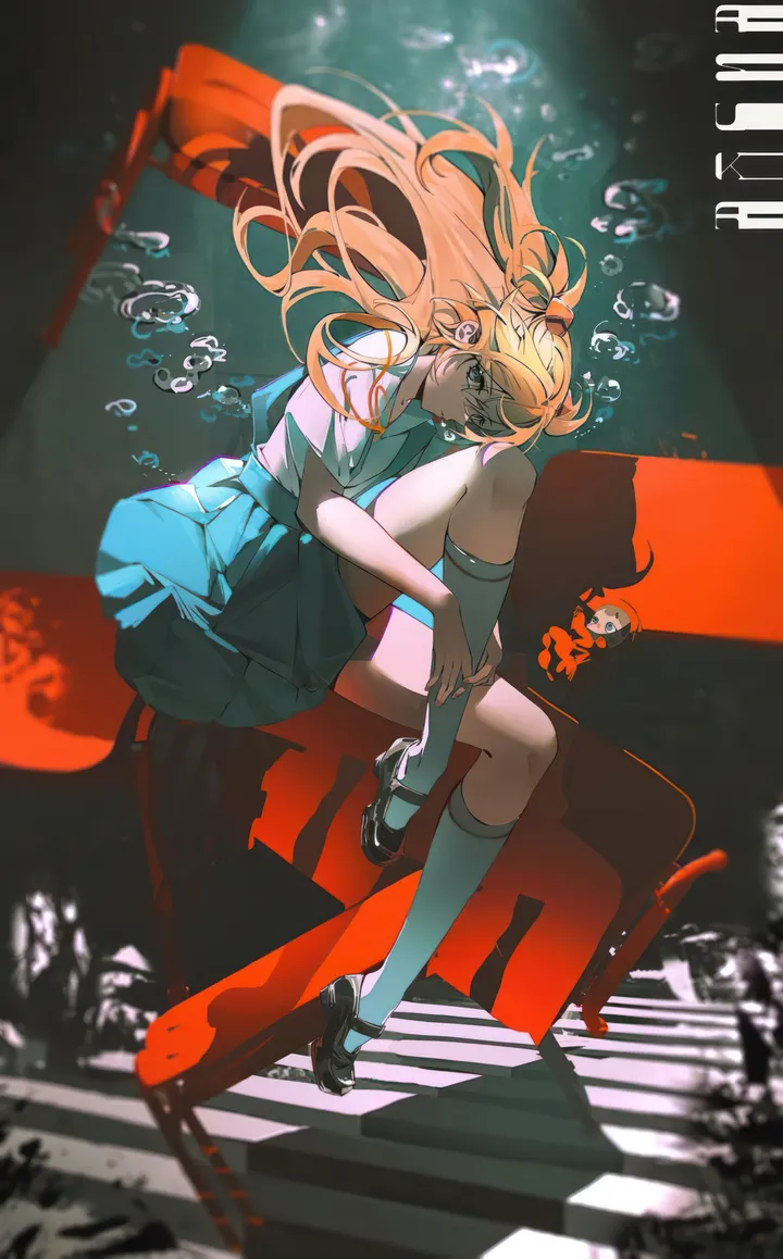 1girl,ribbon,full_body,bangs,solo,kneehighs,suspender_skirt,closed_mouth,sitting,school_uniform,chair,orange_hair,underwater,bubble,mary_janes,white_shirt,white_socks,looking_at_viewer,short_sleeves,skirt,vertical,red_ribbon,suspenders,blue_eyes,blue_skirt,shirt,socks,long_hair,shoes,neck_ribbon,floating_hair,black_footwear