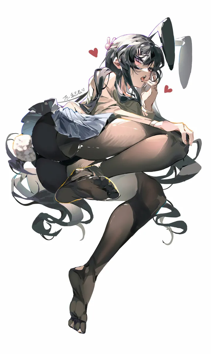 1girl,on_side,fake_tail,rabbit_tail,rabbit_ears,rabbit_hair_ornament,full_body,animal_ears,bangs,fake_animal_ears,solo,legs,hairclip,hair_ornament,tail,ass,open_mouth,very_long_hair,heart,simple_background,no_shoes,white_background,looking_at_viewer,skirt,vertical,purple_eyes,feet,soles,toes,blush,thighband_pantyhose,lying,pantyhose,long_hair,black_hair,black_pantyhose