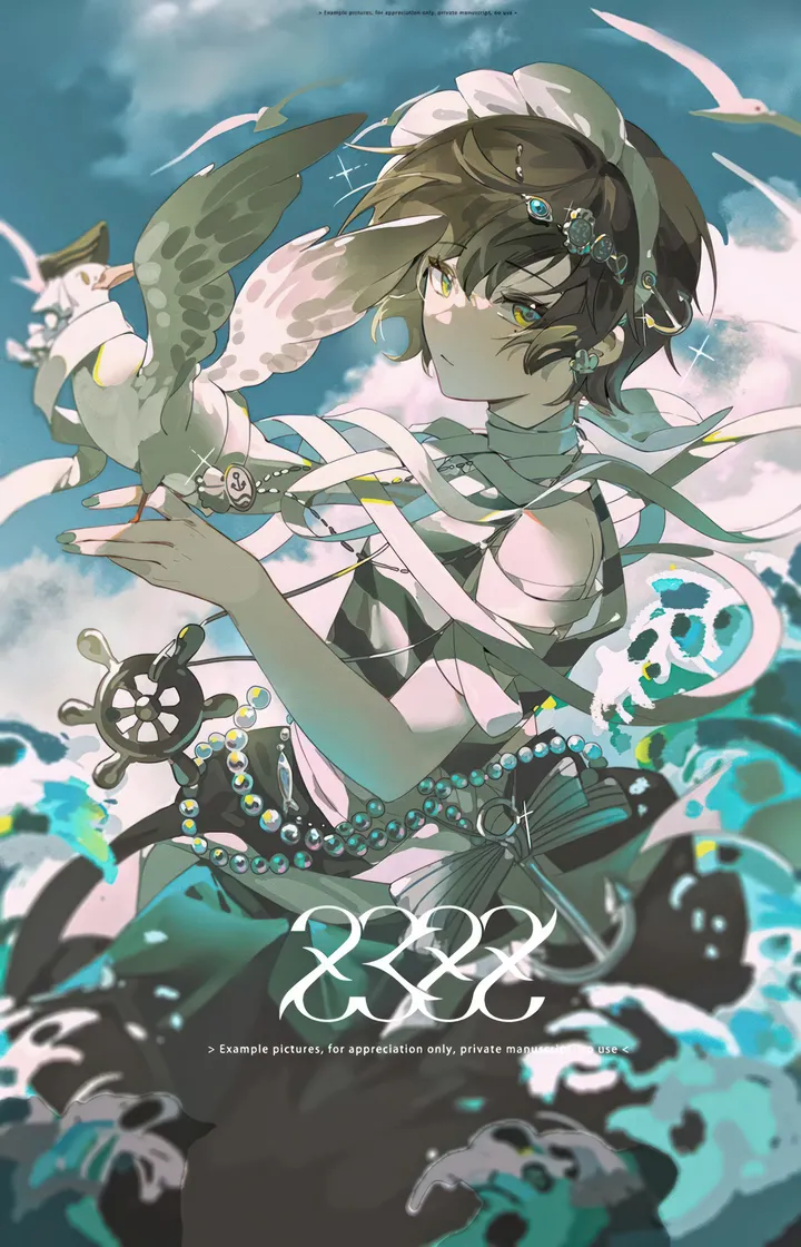 1girl,cloud,bangs,solo,closed_mouth,sky,gem,nail_polish,brown_hair,water,jewelry,looking_at_viewer,short_hair,vertical,bandages,green_nails,green_eyes,earrings,dress,bird,yellow_eyes