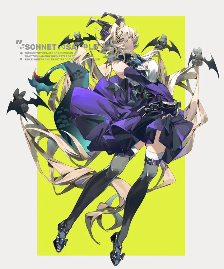 1girl,detached_sleeves,breasts,full_body,bangs,solo,twintails,closed_mouth,thigh_strap,pointy_ears,tail,very_long_hair,gloves,looking_at_viewer,vertical,purple_dress,english_text,blue_eyes,bat_animal,horns,absurdly_long_hair,thighhighs,dress,blonde_hair,long_hair,bare_shoulders,black_thighhighs,black_footwear,dragon_girl,dragon_tail,dragon_horns