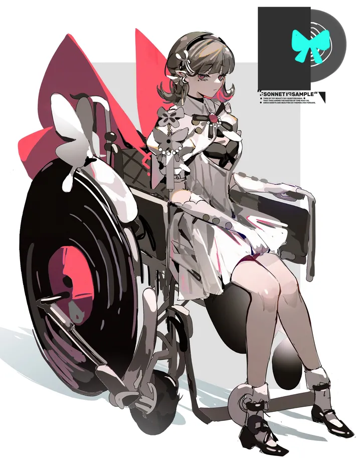 1girl,medium_hair,full_body,bangs,solo,hairband,closed_mouth,ground_vehicle,sitting,multicolored_hair,gloves,motor_vehicle,brown_hair,white_gloves,white_background,white_socks,white_dress,looking_at_viewer,short_sleeves,vertical,puffy_short_sleeves,puffy_sleeves,bow,socks,dress,shoes,black_footwear