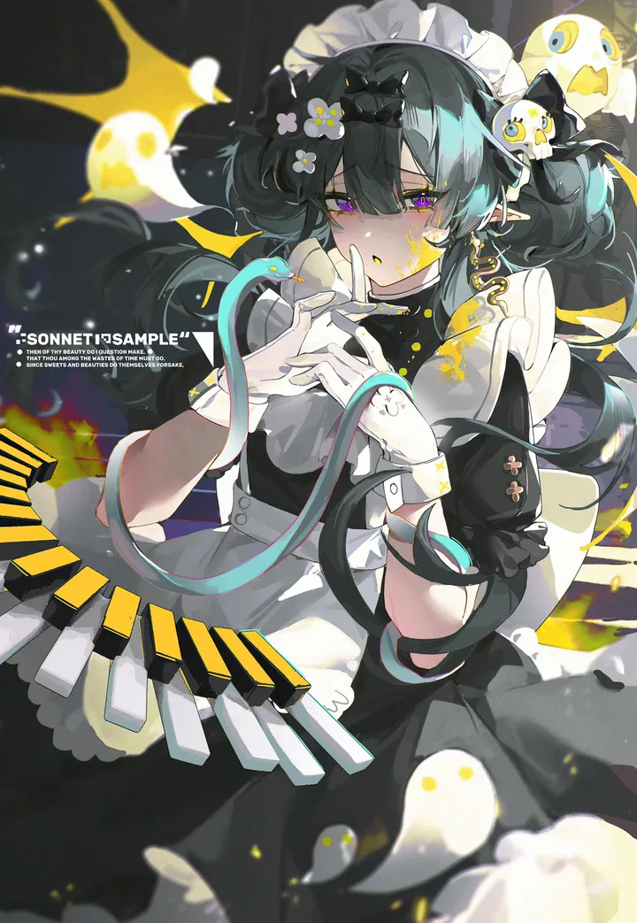 1girl,bangs,solo,hands_up,twintails,apron,hair_flower,hair_ornament,maid,maid_apron,maid_headdress,pointy_ears,hair_between_eyes,parted_lips,gloves,paint_splatter,jewelry,white_apron,white_gloves,white_flower,looking_at_viewer,short_sleeves,vertical,purple_eyes,earrings,blush,frills,puffy_short_sleeves,puffy_sleeves,bow,hair_bow,dress,long_hair,flower,black_hair,black_bow,black_dress