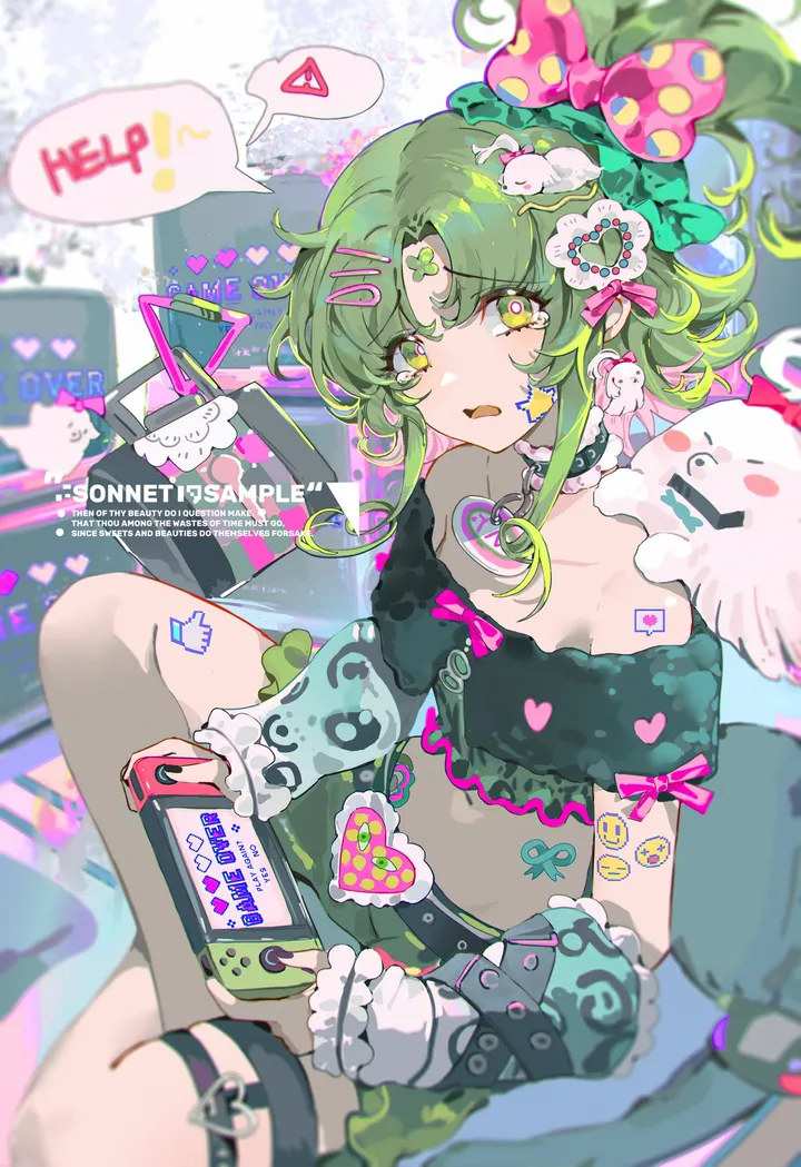 1girl,nintendo_switch,bangs,solo,hairclip,polka_dot,polka_dot_bow,sitting,thigh_strap,hair_ornament,speech_bubble,open_mouth,heart,phone,handheld_game_console,holding,smartphone,jewelry,looking_at_viewer,skirt,cellphone,vertical,symbol-shaped_pupils,pink_bow,green_hair,green_nails,green_eyes,wings,frills,english_text,bow,hair_bow,shirt,midriff,bare_shoulders,off_shoulder,off-shoulder_shirt,crop_top,choker,ponytail