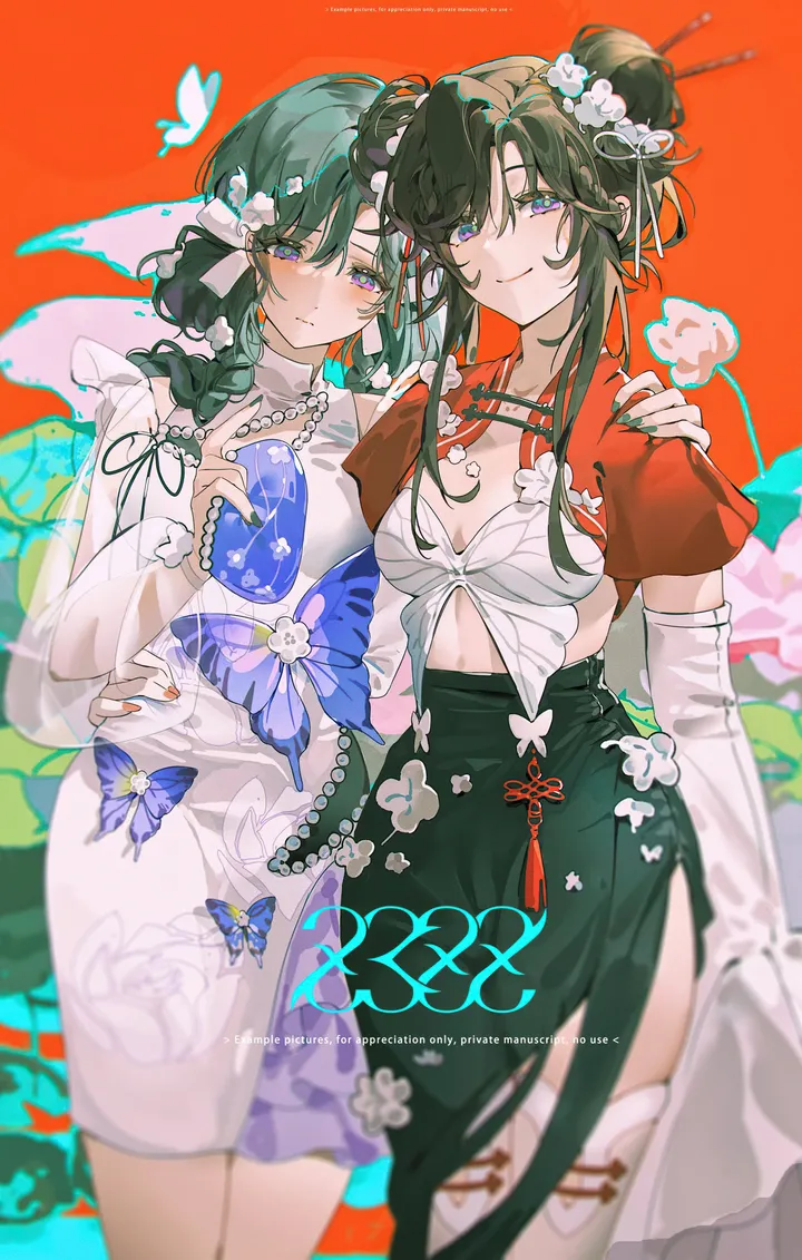 2girls,braid,detached_sleeves,chinese_clothes,breasts,cleavage,bangs,see-through,see-through_sleeves,single_hair_bun,arm_around_waist,closed_mouth,hair_bun,multiple_girls,hair_flower,hair_ornament,hand_fan,hand_on_anothers_shoulder,holding_fan,beads,white_flower,white_dress,looking_at_viewer,skirt,vertical,smile,purple_eyes,red_background,green_hair,green_nails,bug,butterfly,dress,long_hair,flower