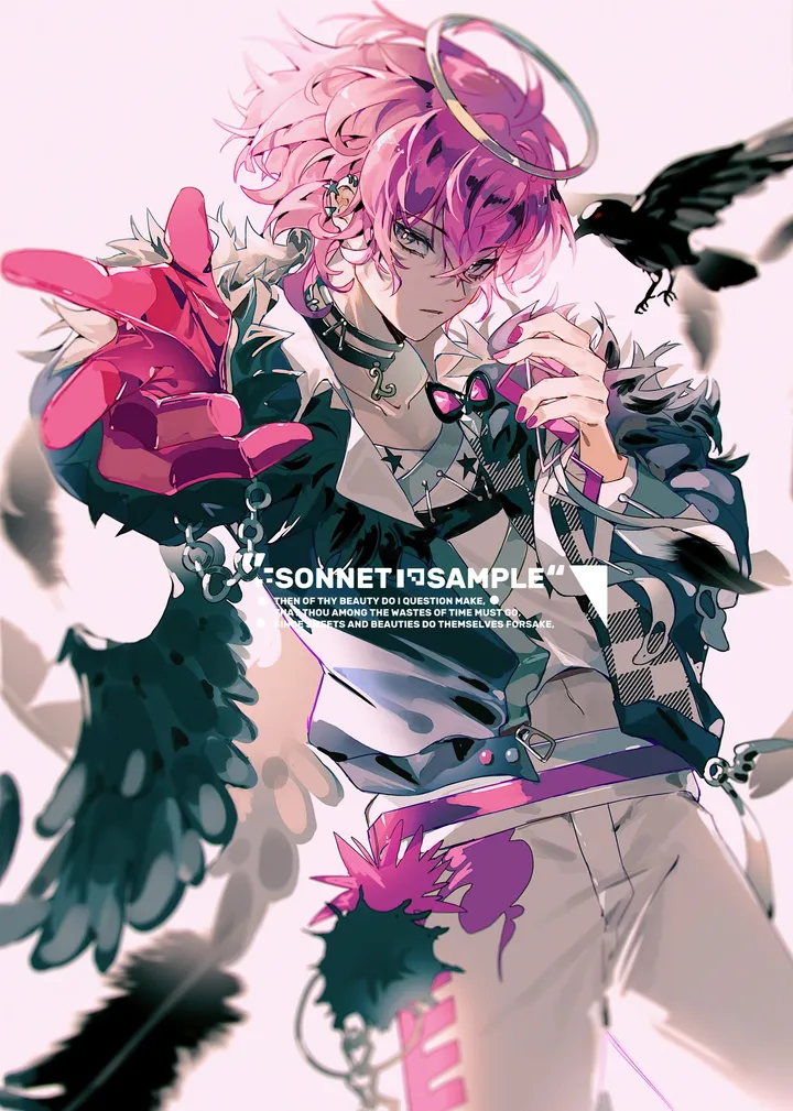 1boy,crow,solo,halo,gloves,holding,blurry,grey_eyes,jewelry,male_focus,looking_at_viewer,short_hair,piercing,ear_piercing,vertical,pink_hair,feathers,wings,earrings,shirt,pants,long_sleeves,choker,bird,microphone