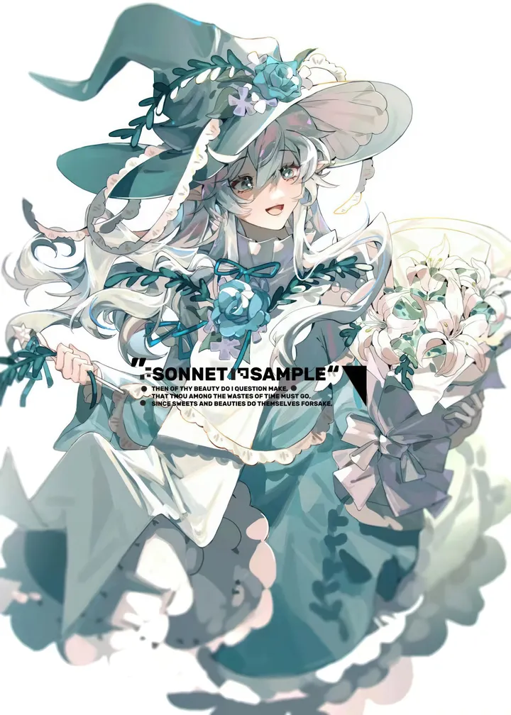 1girl,ribbon,solo,witch_hat,hat_flower,hat,open_mouth,holding_bouquet,holding,simple_background,grey_eyes,white_hair,white_background,white_flower,vertical,smile,bouquet,frills,english_text,blue_eyes,dress,long_hair,long_sleeves,flower