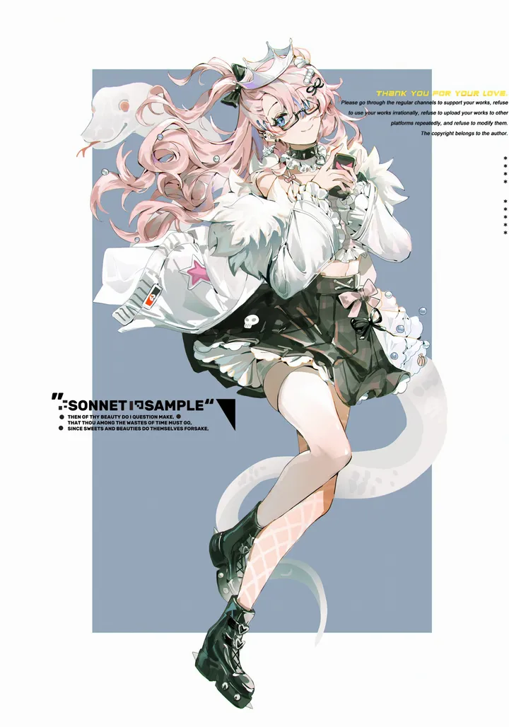 1girl,virtual_youtuber,full_body,bangs,bag,solo,hair_ornament,jacket,holding,fur_trim,jewelry,white_jacket,white_shirt,looking_at_viewer,glasses,skirt,vertical,smile,pink_hair,frills,frilled_choker,english_text,blue_eyes,blue_background,bow,shirt,long_hair,long_sleeves,boots,bare_shoulders,off_shoulder,choker,black_skirt,black_footwear