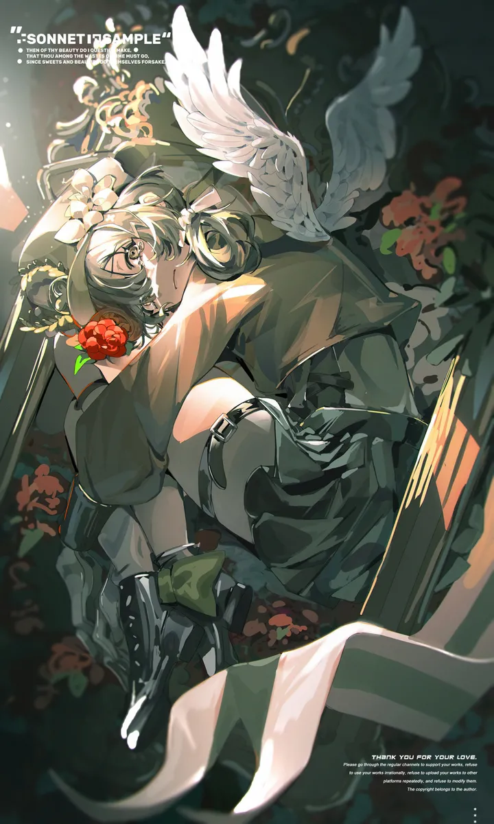 1girl,on_side,bangs,solo,thigh_strap,angel_wings,jacket,hat,grey_hair,white_wings,white_flower,pleated_skirt,looking_at_viewer,skirt,vertical,red_flower,feathered_wings,wings,english_text,fetal_position,shirt,lying,long_sleeves,boots,high_heels,flower,black_skirt,black_footwear