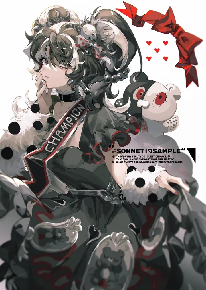 1girl,bangs,solo,two-tone_hair,twintails,multicolored_hair,hair_ornament,heart,grey_eyes,white_background,looking_at_viewer,short_sleeves,vertical,red_bow,frills,english_text,bow,hair_bow,dress,long_hair,choker,collar,black_hair,black_dress