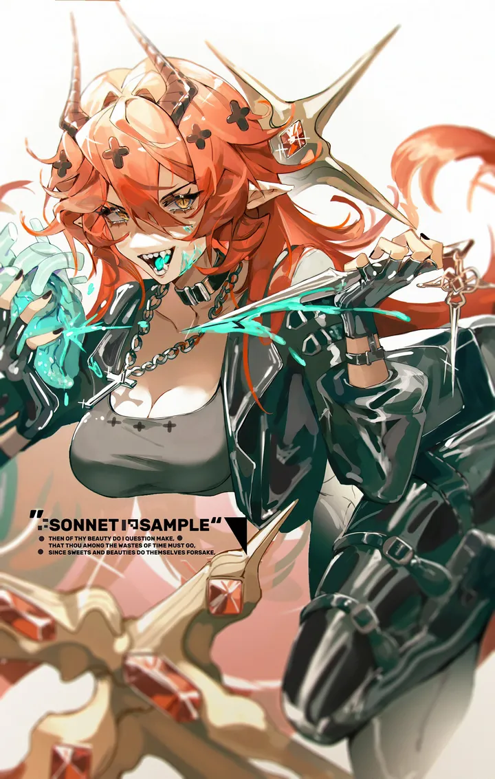 1girl,breasts,cleavage,solo,jacket,pointy_ears,tail,hair_between_eyes,open_mouth,colored_tongue,very_long_hair,demon_horns,gloves,holding,fingerless_gloves,orange_hair,weapon,teeth,jewelry,white_background,leather,looking_at_viewer,vertical,red_hair,tongue,blue_tongue,pants,horns,large_breasts,chain,long_hair,collar,black_jacket,black_gloves,black_nails