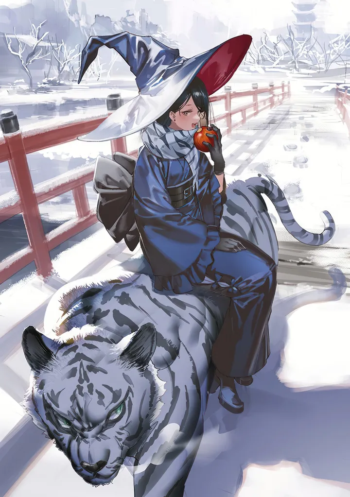 1girl,sidesaddle,winter,bangs,animal,chinese_zodiac,solo,eating,kimono,obi,scarf,sitting,witch_hat,wide_sleeves,hat,outdoors,gloves,holding,holding_fruit,holding_food,japanese_clothes,sash,tabi,bare_tree,tree,bridge,fruit,day,white_tiger,looking_at_viewer,vertical,tiger,apple,blue_kimono,blue_headwear,year_of_the_tiger,long_sleeves,snow,food,witch,black_hair,black_gloves